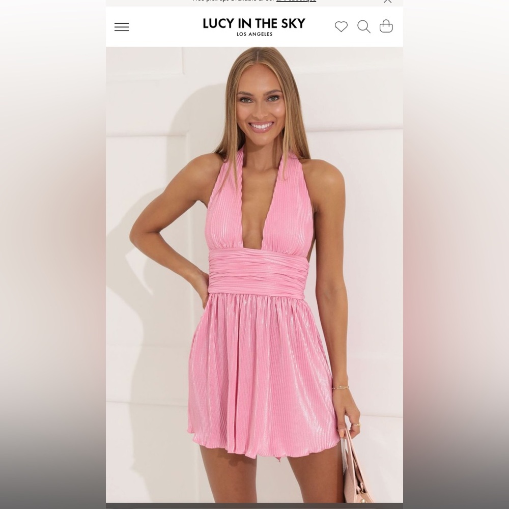Lucy In The Sky Sharon Pleated Foil Halter Dress in Pink
